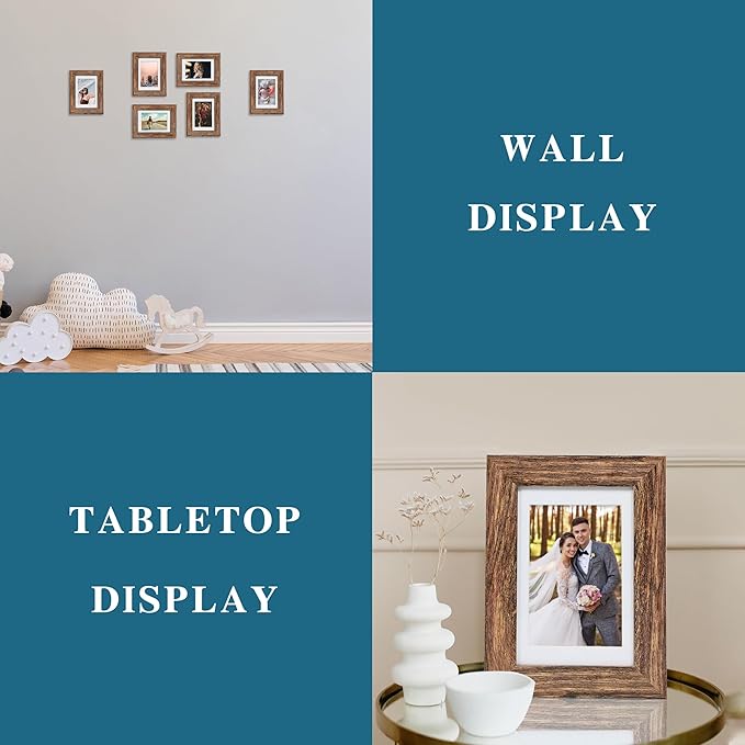 4x6 Picture Frame Set of 2, Made of Real Glass and Rustic Brown Wooden Frame - Display Pictures 3.5x5 with Mat or 4x6 Without Mat, 4 by 6 Photo Frame for Wall or Tabletop Display