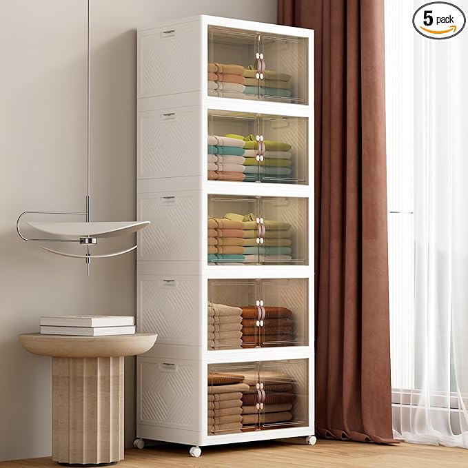 JOYMOOP Folding Storage Bins, 420 Quart Collapsible Storage Boxes with Wheels and Door, Stackble Plastic Storage Container for Clothing, Books and Sundries (XXL, 21 Gal Per, 5 Tiers)