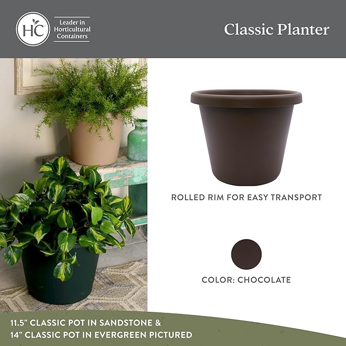The HC Companies Classic Round Plastic Plant Pot w/Rolled Rim - Lightweight & UV Resistant Flower Pot for Herbs & More - Outdoor & Indoor Plant Pots w/Drainage (11.5 inch Chocolate, Pack of 2)
