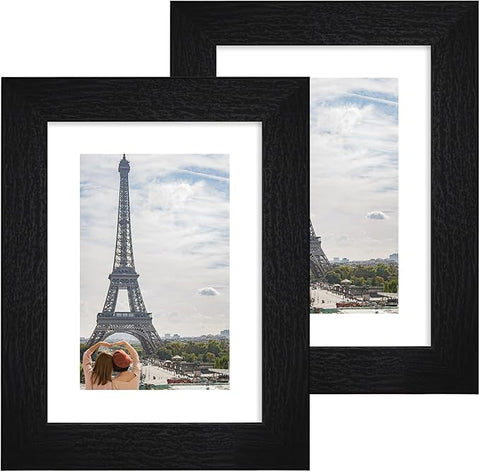 5x7 Picture Frame Set of 2, Made of Real Glass and Rustic Black Wooden Frame - Display Pictures 4x6 with Mat or 5x7 Without Mat, 5 by 7 Photo Frame for Wall or Tabletop Display