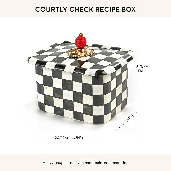 MACKENZIE-CHILDS Enamel Recipe Box, Cute Recipe-Card Box with Lid, Index-Card Holder for Kitchen, Black-and-White Courtly Check