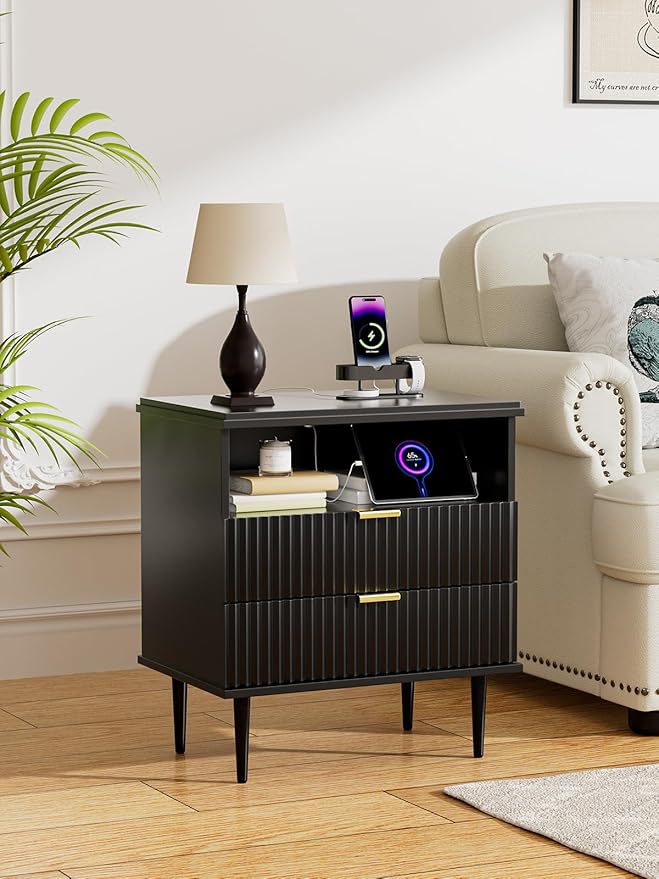 Modern Nightstand with Charging Station, 2 Drawers Fluted Wood Bedside Table with USB, Type-C & Outlets, Metal Legs, Storage Dresser for Bedroom or Living Room (Ink Black, 23.3")