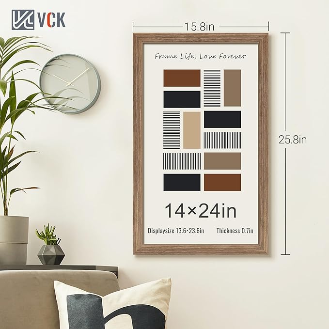 VCK 14x24 Frame Set of 5 - Brown Walnut, Natural Textured Solid Wood Picture Poster Frame, Wall Gallery Frame
