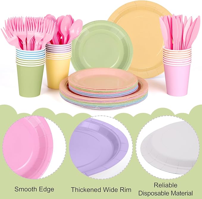 Durony 216-Piece Pastel Rainbow Disposable Party Tableware Set - Serves 24 Guests - 7" & 9" Paper Plates, 9oz Cups, Napkins, Plastic Cutlery, Party Decorations