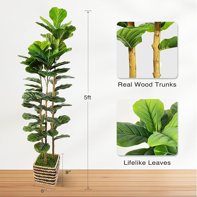 Artificial Fiddle Leaf Fig Tree Indoor with Woven Basket - 5ft Tall Fake Tree with Real-Wood Trunk,Faux Plants for Living Rooms, Offices, Kitchens & Outdoor Spaces (Square Basket)