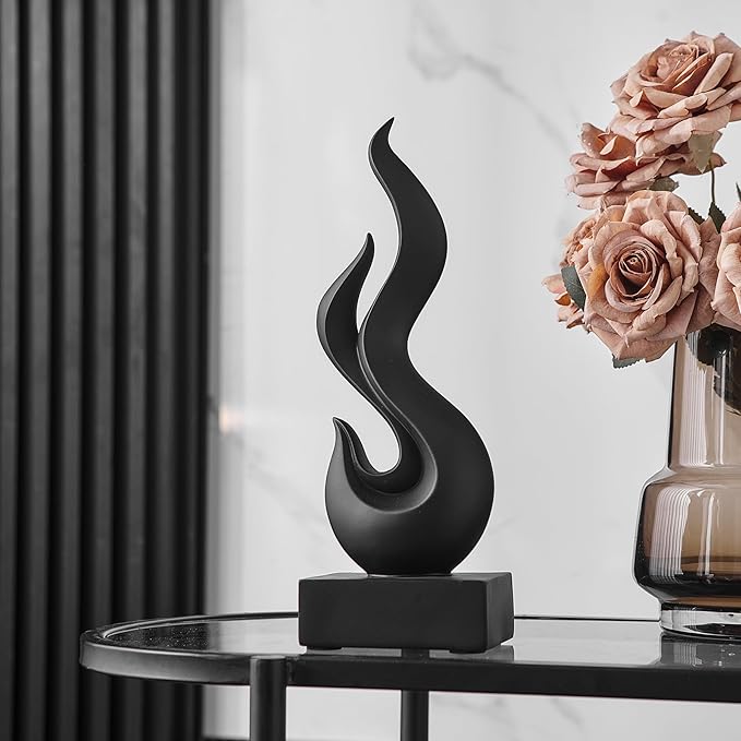 FJS Black Abstract Flame Statue for Home Decor, Modern Decorations for Living Room Shelf Accents, Resin Sculpture for Dining Room Office Coffee Table Centerpiece