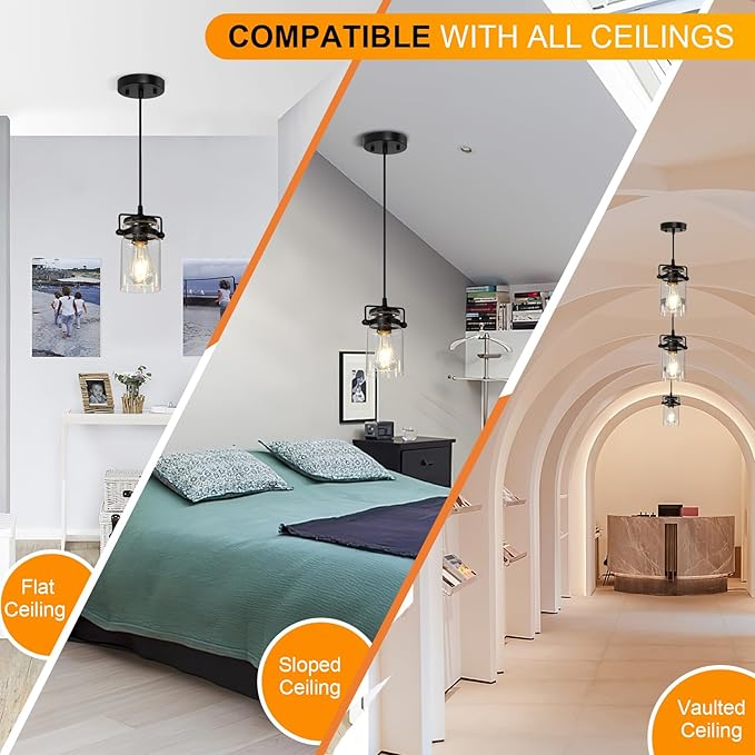Industrial Pendant Lighting Fixtures, Hanging Pendant Lights with Seeded Glass Shade, 3 Pack Black Ceiling Light Fixture Adjustable Farmhouse Pendant Light for Kitchen Island Dining Room