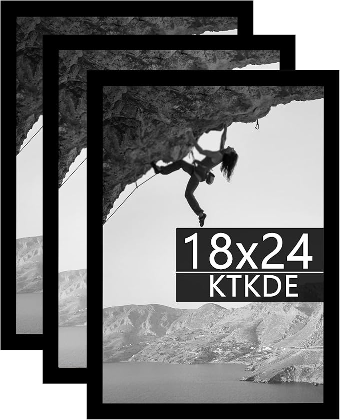 KTKDE18x24 Poster Frame Black 3 Pack, 24 by 18 Picture Frames Wooden with Polished Plexiglass,Horizontal or Vertical Wall Mounting Hanging Large Studio Gallery Photo Frames Wall Art
