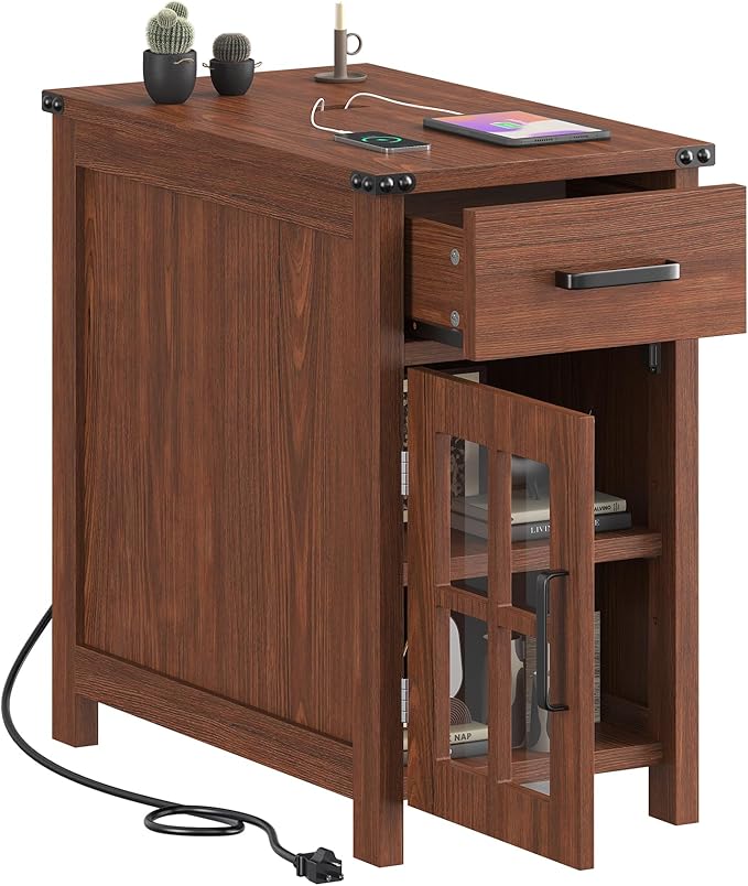 Farmhouse End Table with Charging Station and 1 Storage Cabinet, 1 Drawer, Cherry Wood Nightstand Narrow, Skinny Side Table, Slim Bedside Table, Small Nightstand for Bedroom, Living Room, Sofa