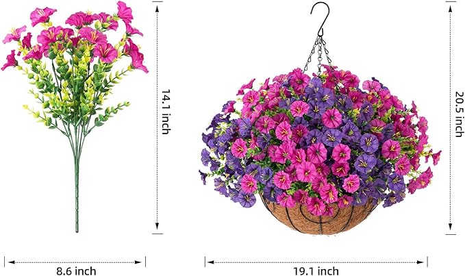 Artificial Fake Hanging Flowers Plants Baskets for Outdoor Decoration, Faux Silk Morning Glory in Planter UV Resistant Realistic for Outside Porch Patio Balcony Garden Yard Home Decor