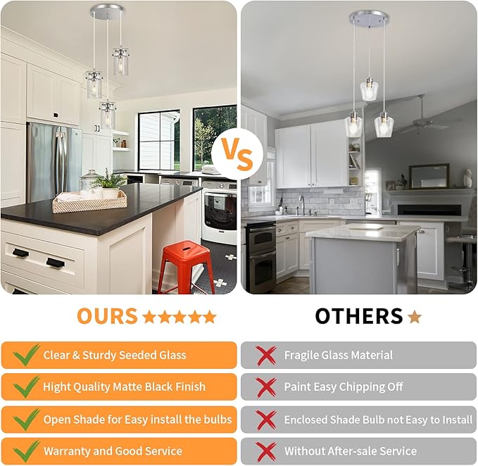 Pendant Lighting for Kitchen Island, Modern Glass Pendant Light Linear Chandelier for Dining Room Industrial 3 Light Hanging Light Fixture Adjustable Cord Farmhouse Ceiling Light Brushed Nickel Finish