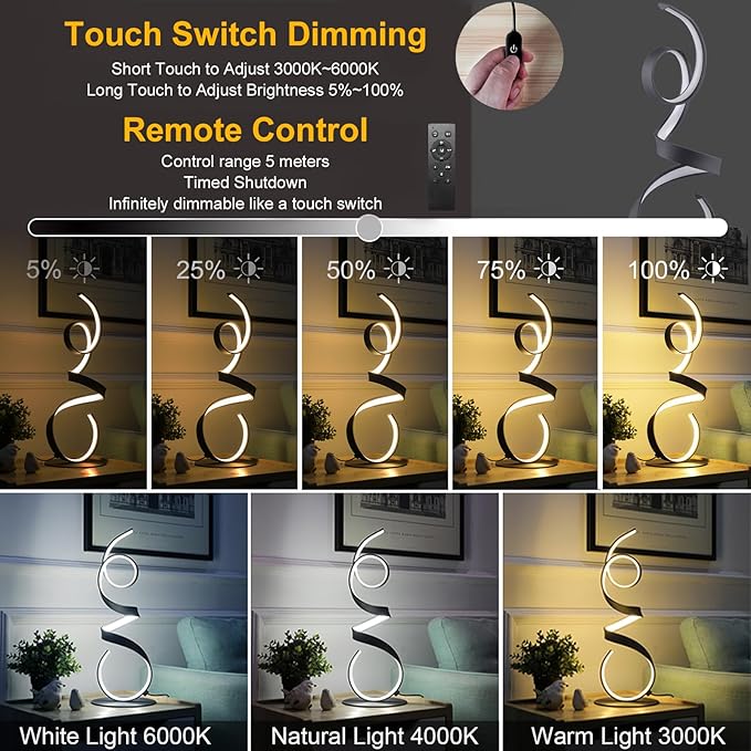 20W 3 Colors Remote Control Dimmable LED Art Table Lamp 21.4 Inch with Touch Switch for Living Room,Bedroom (Black)