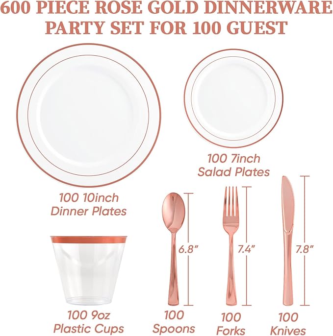 FOCUSLINE 600 Ct Rose Gold Dinnerware Set for 100 Guests - Rose Gold Rimmed White Disposable Plastic Plates, Includes 100 Dinner & Salad Plates, Cups, Cutlery Set for Wedding Parties