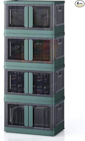 8.4Gal Collapsible Storage Bins with Lids & Wheels - 4 Pack Stackable with Doors, Heavy-Duty Plastic Containers for Home/Office, Green