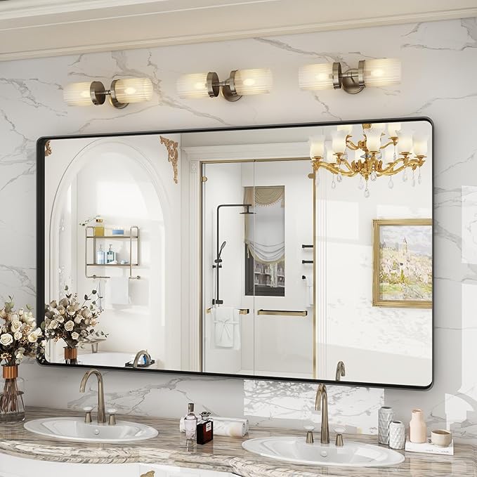 60x36 Inch Black Framed Bathroom Mirror for Wall, Large Matte Black Bathroom Vanity Mirror, Rounded Rectangle Mirror, Anti-Rust, Shatterproof, Hangs Horizontally or Vertically