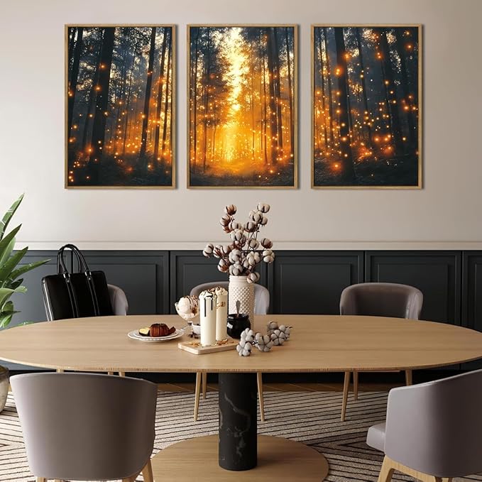 Large Magical Firefly Forest Framed Canvas Wall Art,Enchanted Night Nature Wall Decor,Moody Twinkling Firefly Artwork,Mystical Woodland Art Print for Living Room, Bedroom, Office- 24"x36"x3