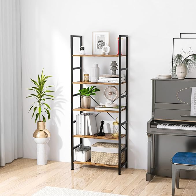 5 Tier Bookshelf Industrial Ladder Shelf Open Display Storage Rack Wood Bookcase with Metal Frame, Freestanding Storage Shelves for Home Office, Living Room, Bedroom, Kitchen (Rust Brown)