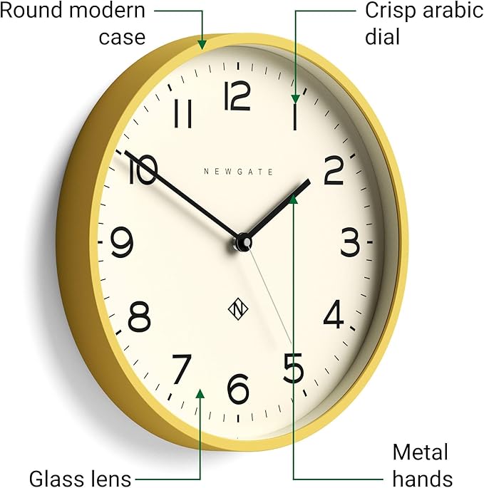 NEWGATE® Number Three Echo Wall Clock | Modern Round Clock | 14.5 inch | Yellow | Easy to Read Numbers | Ideal for Kitchen, Living Room or Office