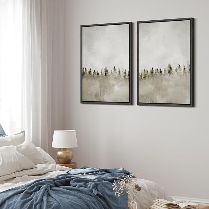 MUDECOR Framed Canvas Print Wall Art Set Misty Pines Serene Forest Landscape Illustrations Modern Art Decorative Bohemian Calm/Zen for Living Room, Bedroom, Office - 24"x36"x2 Black