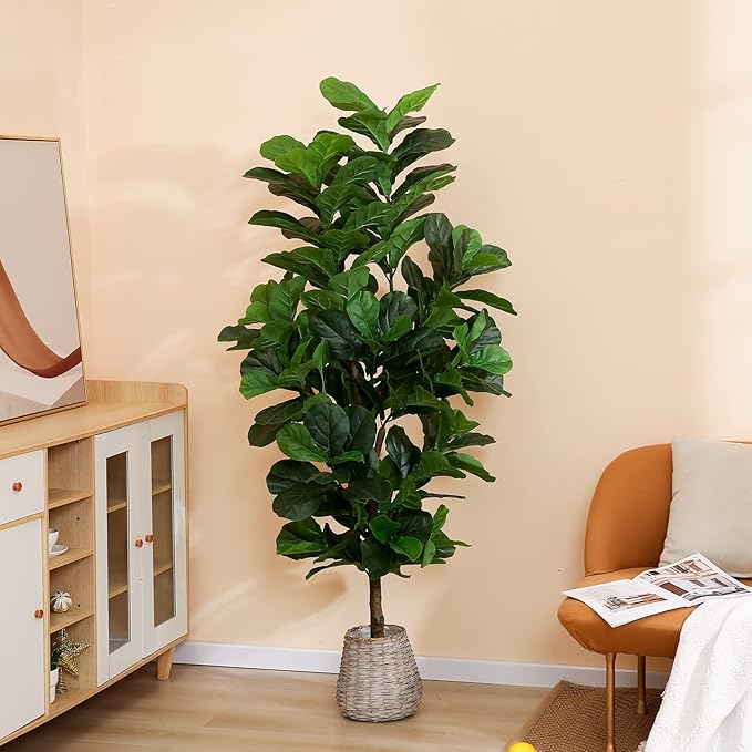 Fiddle Leaf Fig Tree 6ft Tall Artificial Tree in Pot Fake Ficus Lyrata Plants with 184 Decorative Fiddle Leaves Faux Fig Trees for Home Office Living Room Decor Indoor Outdoor, 2 Pack