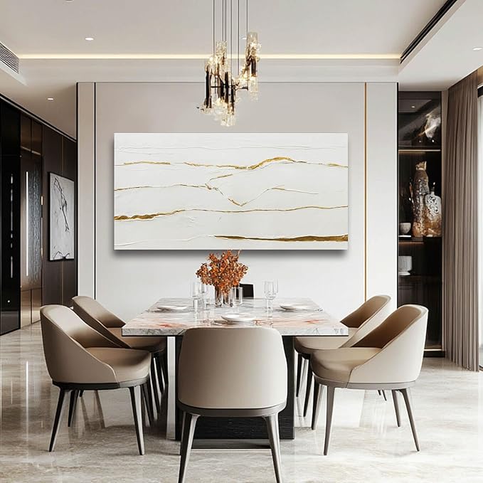 WINKAILIN Modern Artwork White Painting Abstract Wall Art for Dining Room Gold Foil Picture Big Painting for Living Room 29"x 58" Entryway Wall Decor