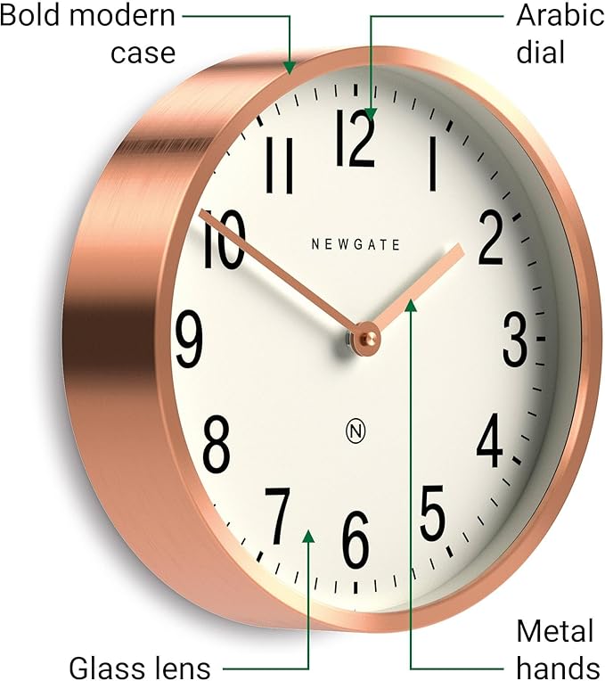 NEWGATE® Master Edwards Wall Clock | Mid Century Style Clock | 12 inch | Deep Metal case with Copper/Rose Gold Finish | Modern Retro Design for Kitchen, Living Room or Office