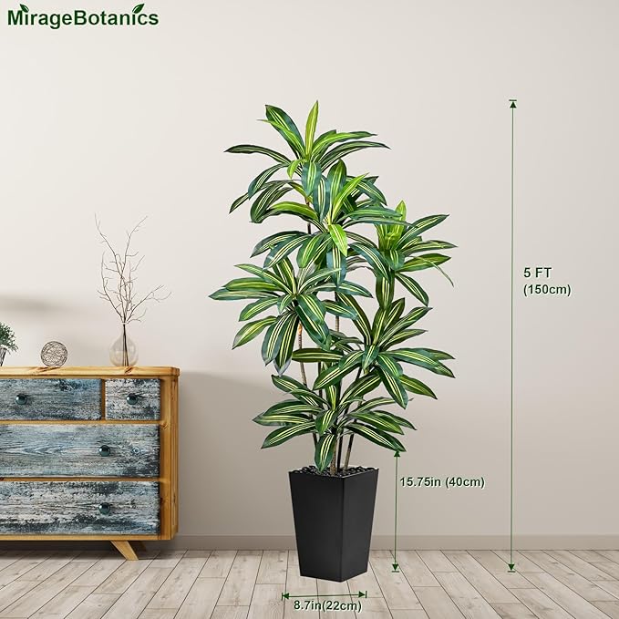 Artificial Dracaena Tree 5FT Tall Fake Plant with White Pot - Realistic Faux Dragon Tree with Tall Planter - Indoor Floor Plant for Home, Office,Mall, Living Room, Bedroom Decor (Black - Planter, 5ft)