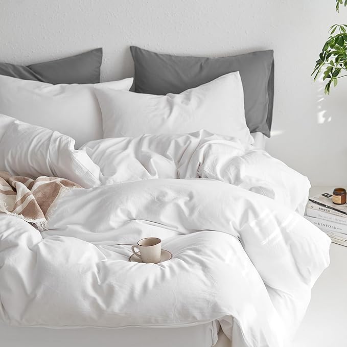 MooMee Twin Duvet Cover Set, 100% Washed Cotton Linen Like Twill Thick Sturdy Material Super Soft Breathable Durable Bedding for All Season, 2 Pieces (Bright White, Twin 68"x90")