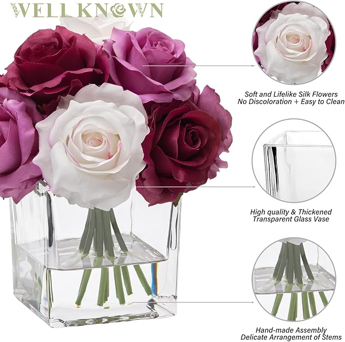 WELL KNOWN Rose Artificial Flowers in Vase with Faux Water, Silk Rose Table Centerpieces for Home Coffee Table Decor, Fake Roses Flower Arrangements for Office Hotel Lavatory Decor (Purple & White)