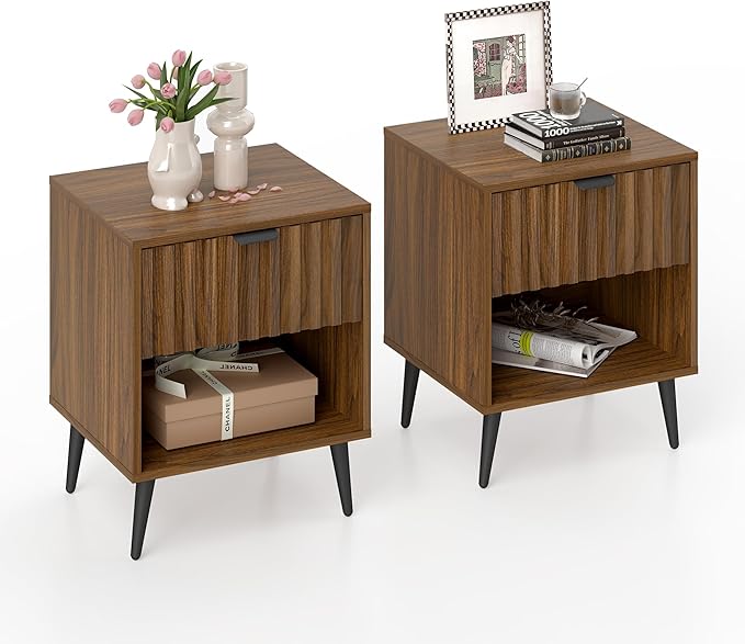 Fluted Nightstand Set of 2, Wood Nightstand with Open Storage and Drawer, Mid Century Fluted Side Table Modern Bedside Stand with Wood Veneer for Bedroom, Office, Brown