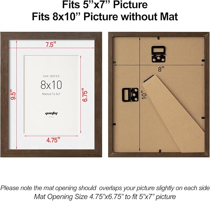 Yaetm 8x10 Picture Frame with Mat for 5x7 – Brown Walnut, Rustic Solid Wood Frame 8 x 10 with Tempered Glass for Art Print & Picture, Display on Tabletop & Wall (3 Pack, Walnut)