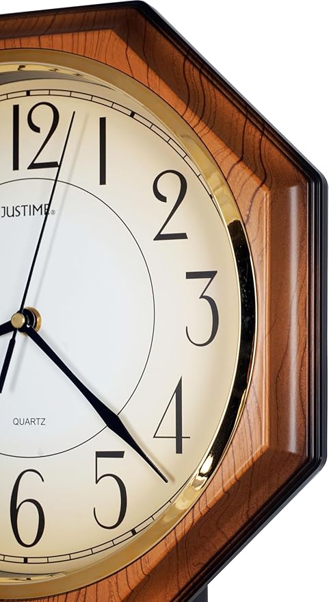 JUSTIME Traditional Schoolhouse Gradient Arabic Regulator Wall Clock, Chiming Wall Clocks with Pendulum & Westminster Chime Hourly, Schoolhouse Wall Decor Battery Operated (Light Wood Grain)