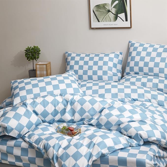 Pureant Blue and White Plaid Comforter Set Queen Blue Checkerboard Grid Bedding Comforter Sets Blue Buffalo Grid Queen Comforter for Women Men Soft Checkered Geomertic Queen Size Comforter Sets