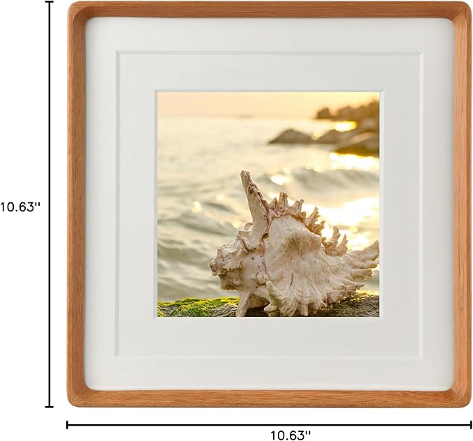 10x10 Square Picture Frame in Natural Teak Wood, Solid Wooden Frames matted to 6x6/8x8, Gallery Frames for Wall Mount or Tabletop Display
