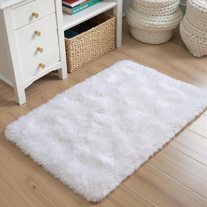 Small Bedside Rug, 2x3 Non Slip Fluffy Shaggy Entryway Throw Rugs for Bedroom Living Room, Indoor Floor Carpet for Kids Girls and Boys, Nursery Rooms Mat, Home Decor Aesthetic, White
