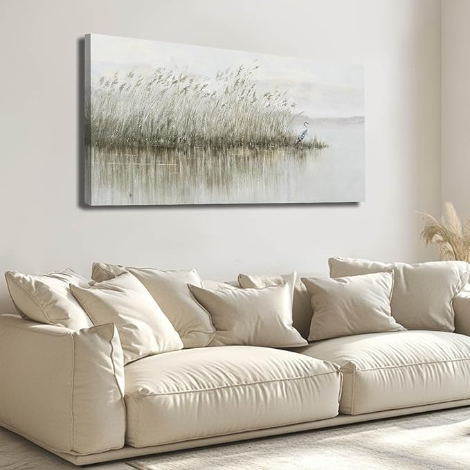 WINKAILIN Nature Canvas Art Grey and Green Paintings Reed Wall Decor for Living Room Animals Wall Art 24"x 48" Contemporary Prints for Dining Room Kitchen