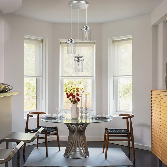Pendant Lighting for Kitchen Island, Modern Glass Pendant Light Linear Chandelier for Dining Room Industrial 3 Light Hanging Light Fixture Adjustable Cord Farmhouse Ceiling Light Brushed Nickel Finish