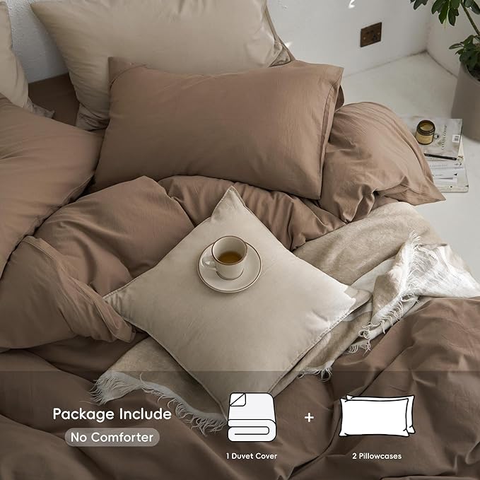 MooMee Super King Duvet Cover Set, 100% Washed Cotton Linen Like Twill Thick Sturdy Material Super Soft Breathable Durable Bedding for All Season, 3 Pieces (Bombay Brown, Super King 108"x98")