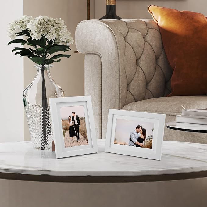 Giftgarden 4x6 Picture Frame Set of 4 White Wood Grain Frames for 4x6 Photos with Mat or 5x7 Without Mat, Wall or Tabletop Display