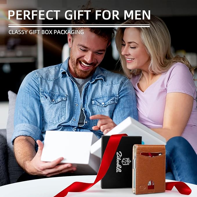 Zitahli Slim Wallet for Men Gifts 12 Card Slots ID Window With Money Clip Minimalist RFID Front Pocket Bifold Leather Small Thin Gift Box Dad Birthday Christmas Regalos Hombres