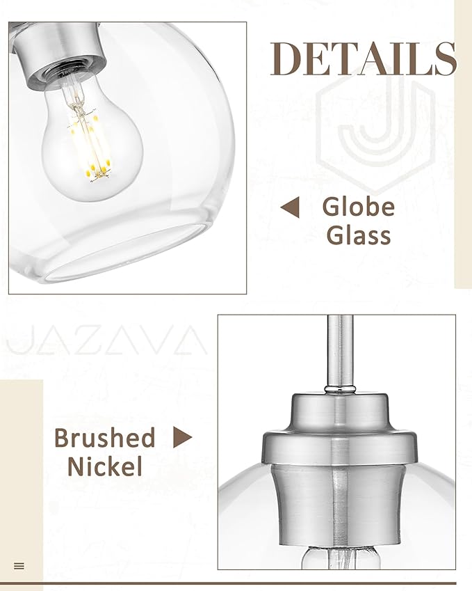 Globe Pendant Light Fixture, Modern Brushed Nickel Hanging Light with Clear Glass for Kitchen Island Dining Room Bedroom Hallway Foyer (1 Pack), PL101BN-2PK