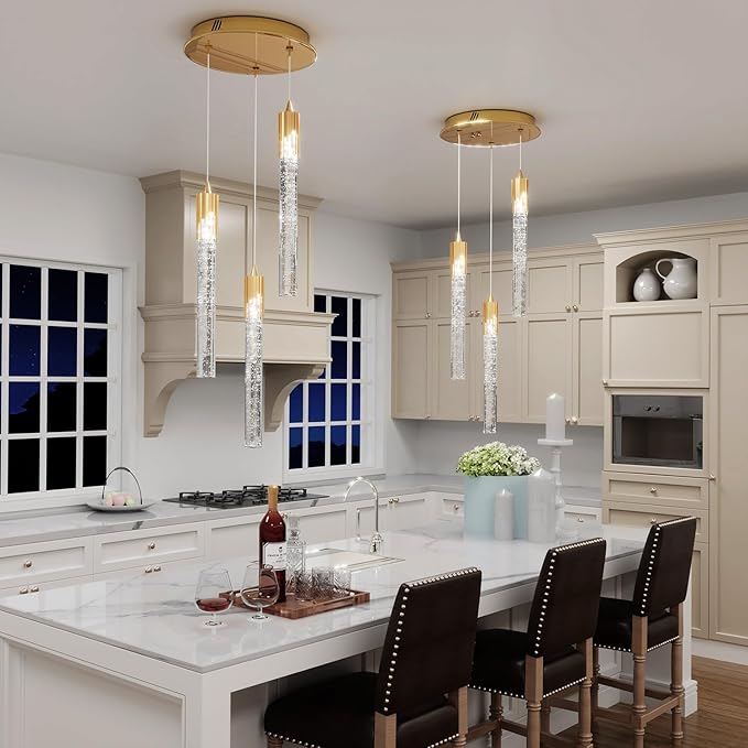 Flashing God Mini Gold Crystal Chandelier Integrated LED Pendant Light for Kitchen Island 3 Light Chandeliers Pendant Lighting with Remote Control