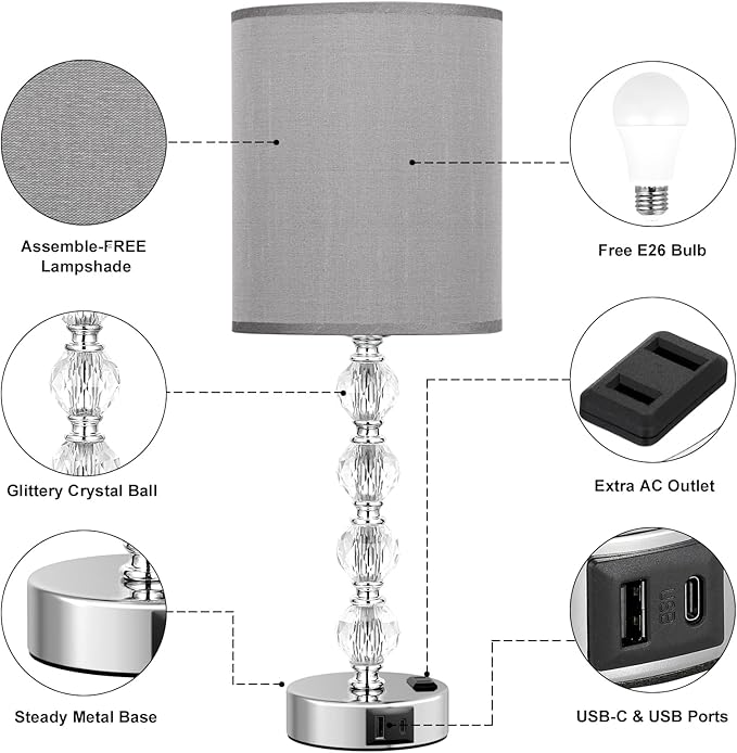 Touch Bedside Crystal Lamps for Bedrooms Nightstand with USB C+A Charging Port and AC Outlet White, 3 Way Dimmable Silver Large End Side Table Lamp for Living/Dinning Room/Kitchen/Bedroom