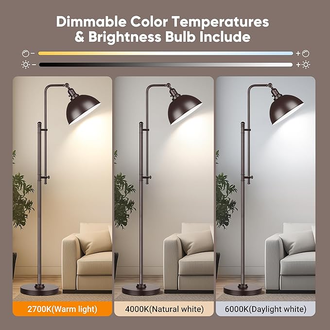 PARTPHONER Industrial Floor Lamp Adjustable, Rustic Farmhouse Reading Lamp in Aged Brown Finish Modern Standing Lamp with Remote Control Metal Shade for Living Room Bedroom Study Room Office Hotel