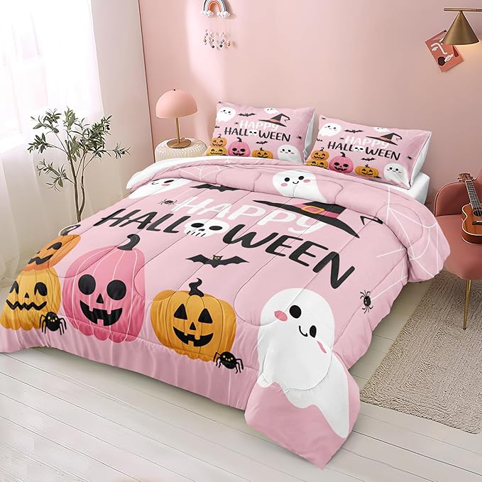 Pumpkin Ghost Comforter Set Girls Pink Halloween Bedding Set Orange Pumpkin White Ghost Bat Spider Cute Cartoon Bedding Kids Teens Happy Halloween Bed Set King Size