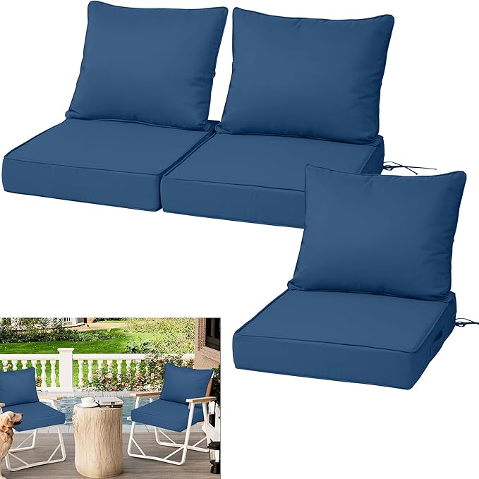 Waterproof Outdoor Chair Cushion Set of 3, 24x24x5 IN Deep Seat Patio Cushions with Fade Resistant Removable Cover,Outdoor Cushions for Patio Furniture with Ties&Handle for Chair Sofa Couch,Dark Blue