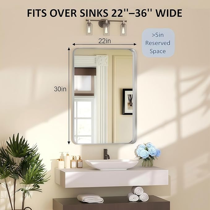 22×30 Silver Bathroom Vanity Mirror for Over Sink - Rectangle Framed Mirrors for Wall with Tempered Glass & Rounded Corners for Bedroom, Living Room, Horizontal/Vertical, Modern Farmhouse