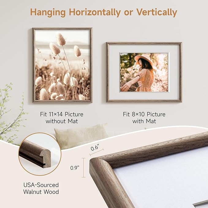 11x14 Picture Frame - Solid Walnut Wood Picture Frames with HD Tempered Glass, Handcrafted Rounded Corner 11 x 14 Wooden Frame Matted to 8x10 Photos, Horizontal or Vertical Wall Display, 1 Pack