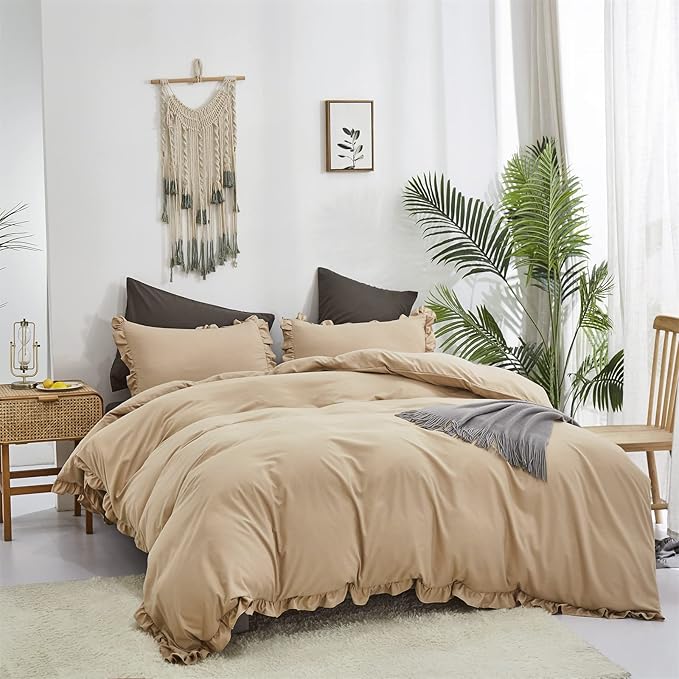 Luxlovery Champagne Ruffle Comforter Set Queen Farmhouse Shabby Khaki Bedding Comforter Set Queen Size Taupe Sand Color Quilts Blankets Vintage Shabby Soft Breathable Boho Bedding Set
