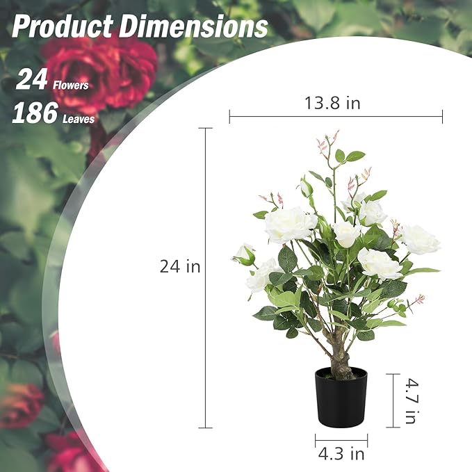 2Pack Artificial Rose Flower Trees, 24Inch White Faux Rose Tree with Green Leaves for Living Room Office Home Outdoor Indoor Decor,2FT White